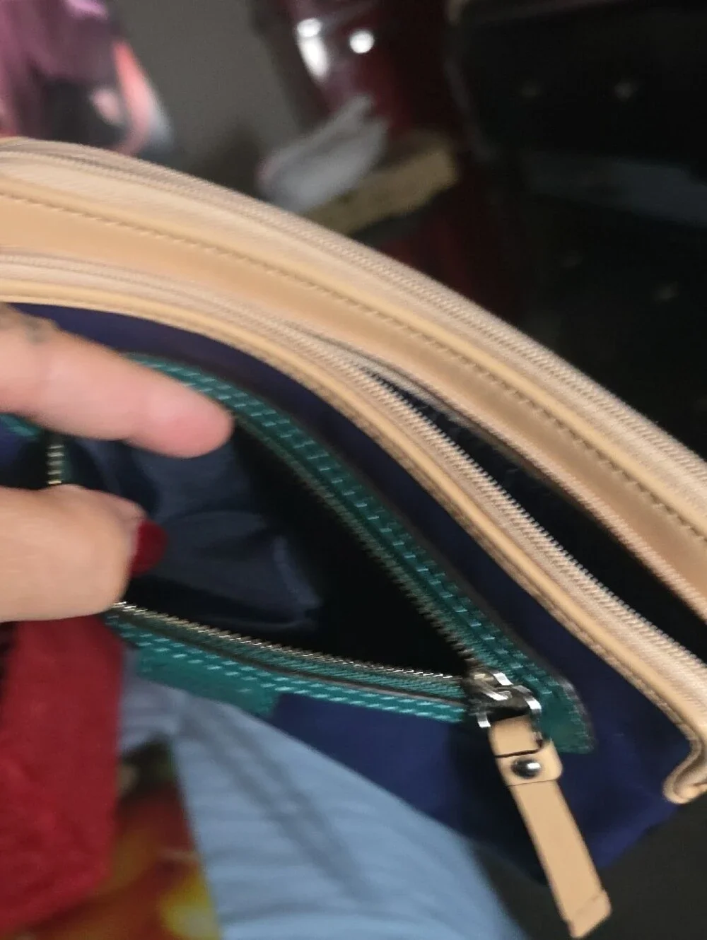 Coach Navy and Beige Leather Wristlet with Green Trim
